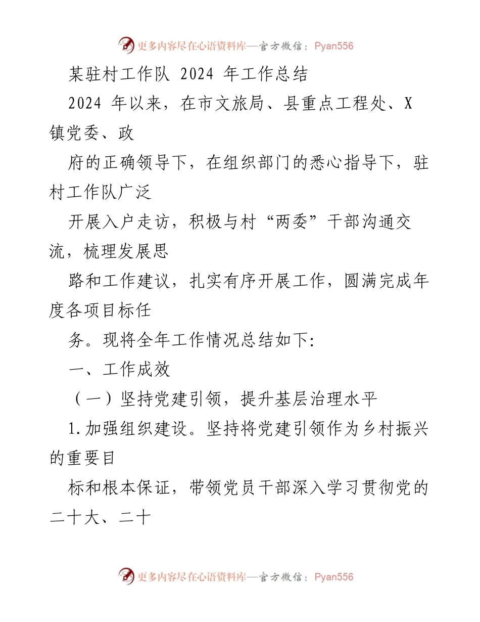 [工作总结] 驻村工作 - 某驻村工作队2024年工作总结与成效分析.docx_第1页