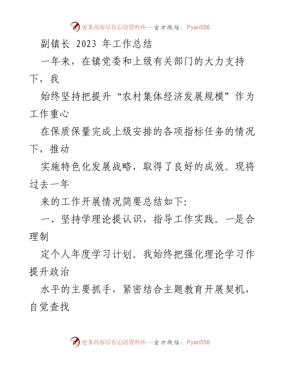 [工作总结] 镇政府 - 2023年副镇长工作总结与发展成效分析.docx_第1页