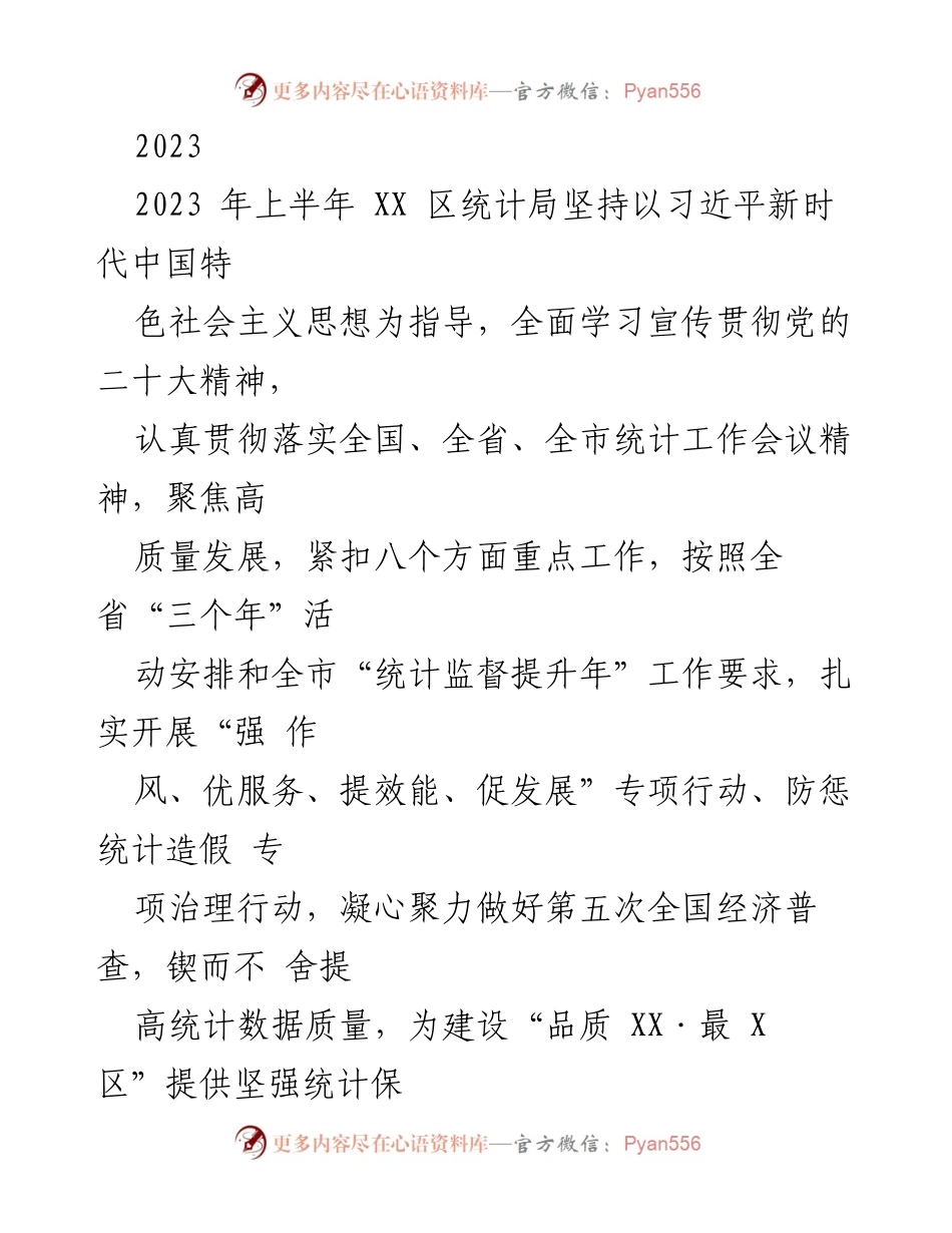 [工作总结] 统计局工作会议 - 2023年上半年XX区统计局工作总结与亮点展示.docx_第1页