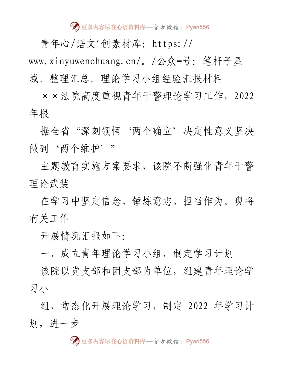 [工作总结] 青年理论学习小组 - 加强青年干警理论学习与实践活动的经验汇报.docx_第1页