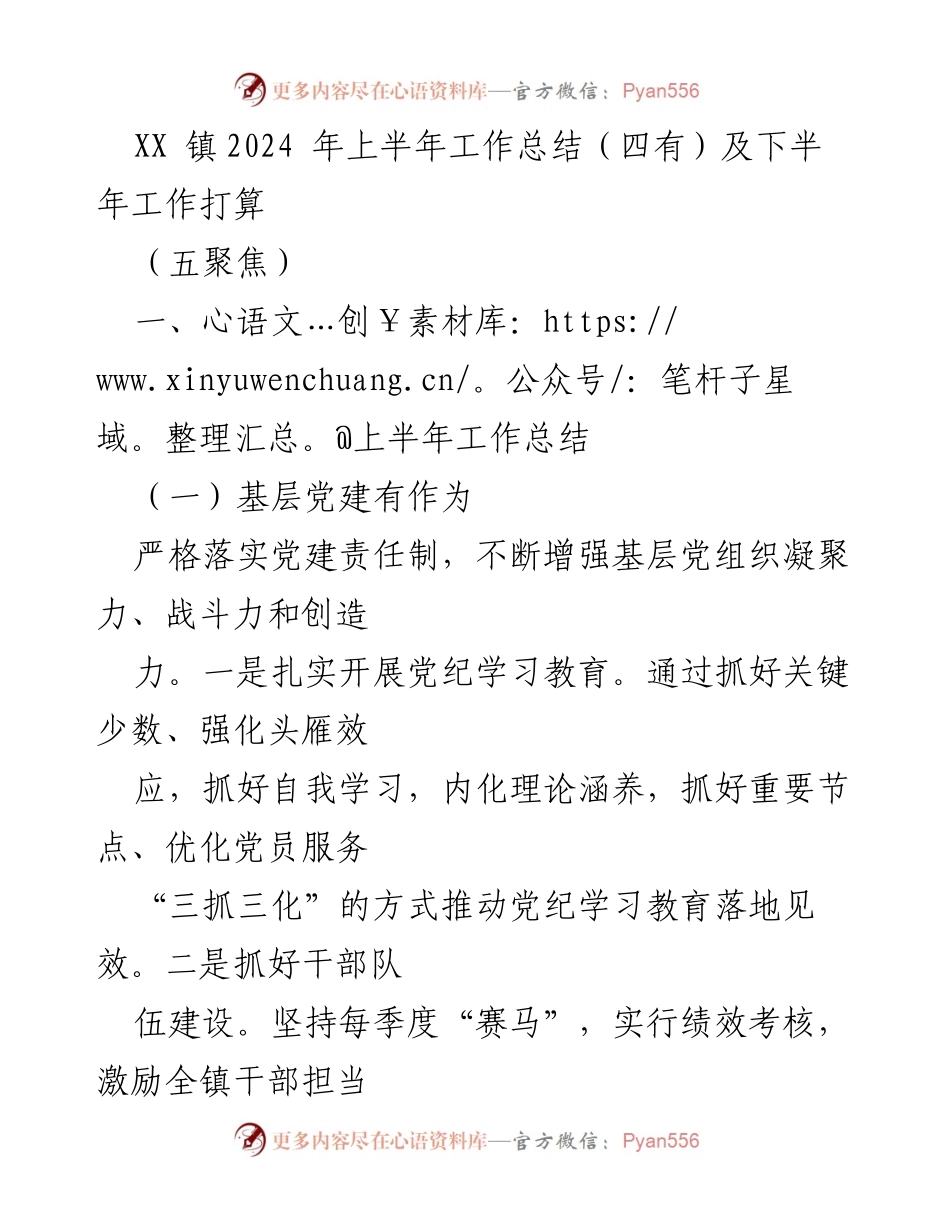 [工作总结] 镇政府 - XX镇2024年上半年工作总结及下半年工作打算.docx_第1页