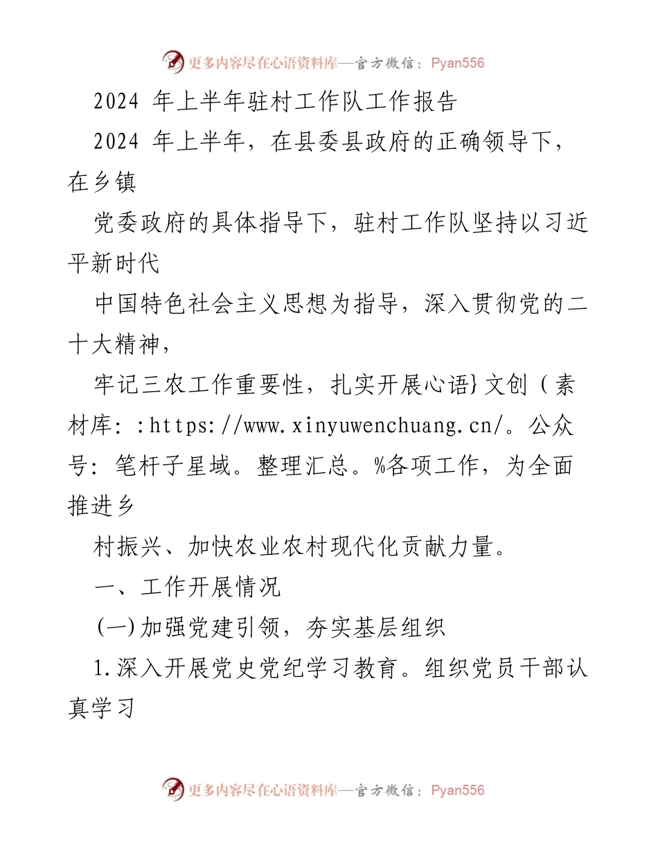 [工作总结] 驻村工作 - 2024年上半年驻村工作队工作报告.docx_第1页