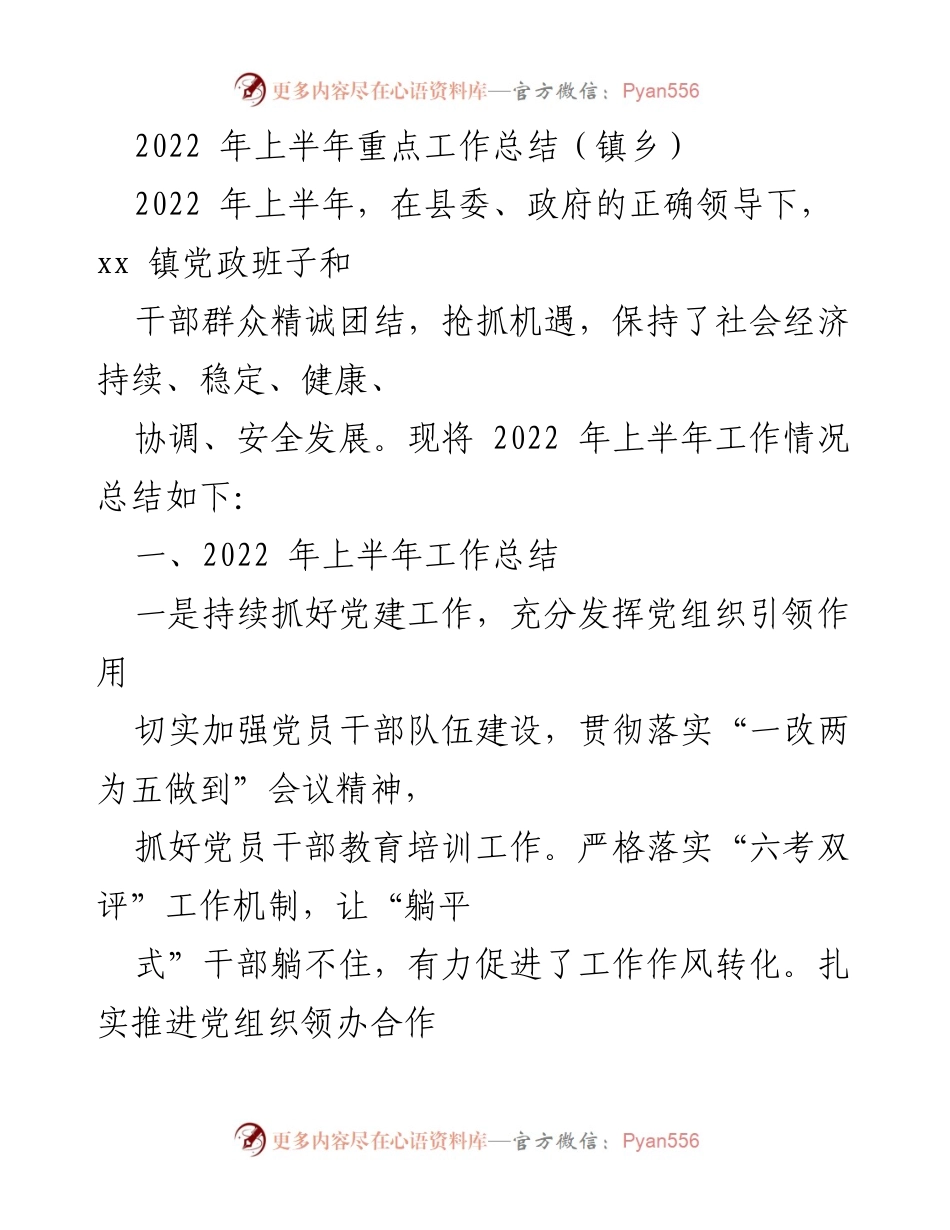 [工作总结] 镇乡 - 2022年上半年重点工作总结与成果分析.docx_第1页