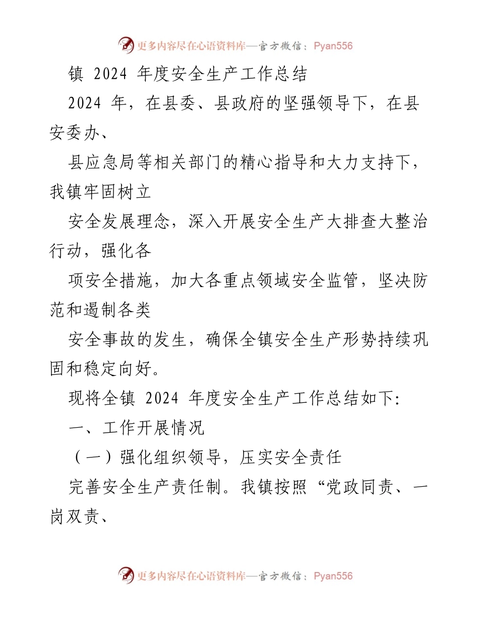 [工作总结] 镇安全生产工作 - 2024年度安全生产工作总结报告.docx_第1页