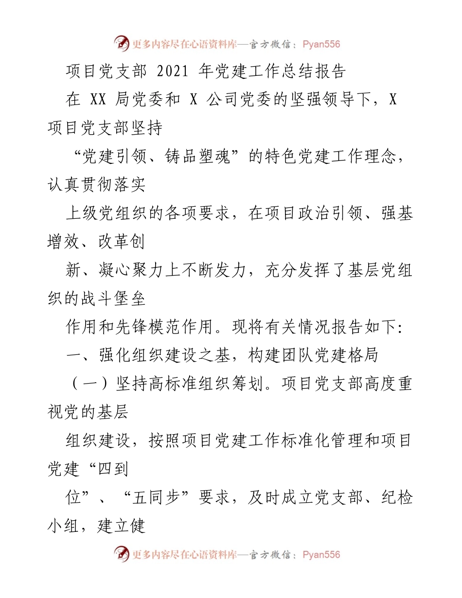 [工作总结] 项目党支部 - 2021年党建工作总结报告.docx_第1页