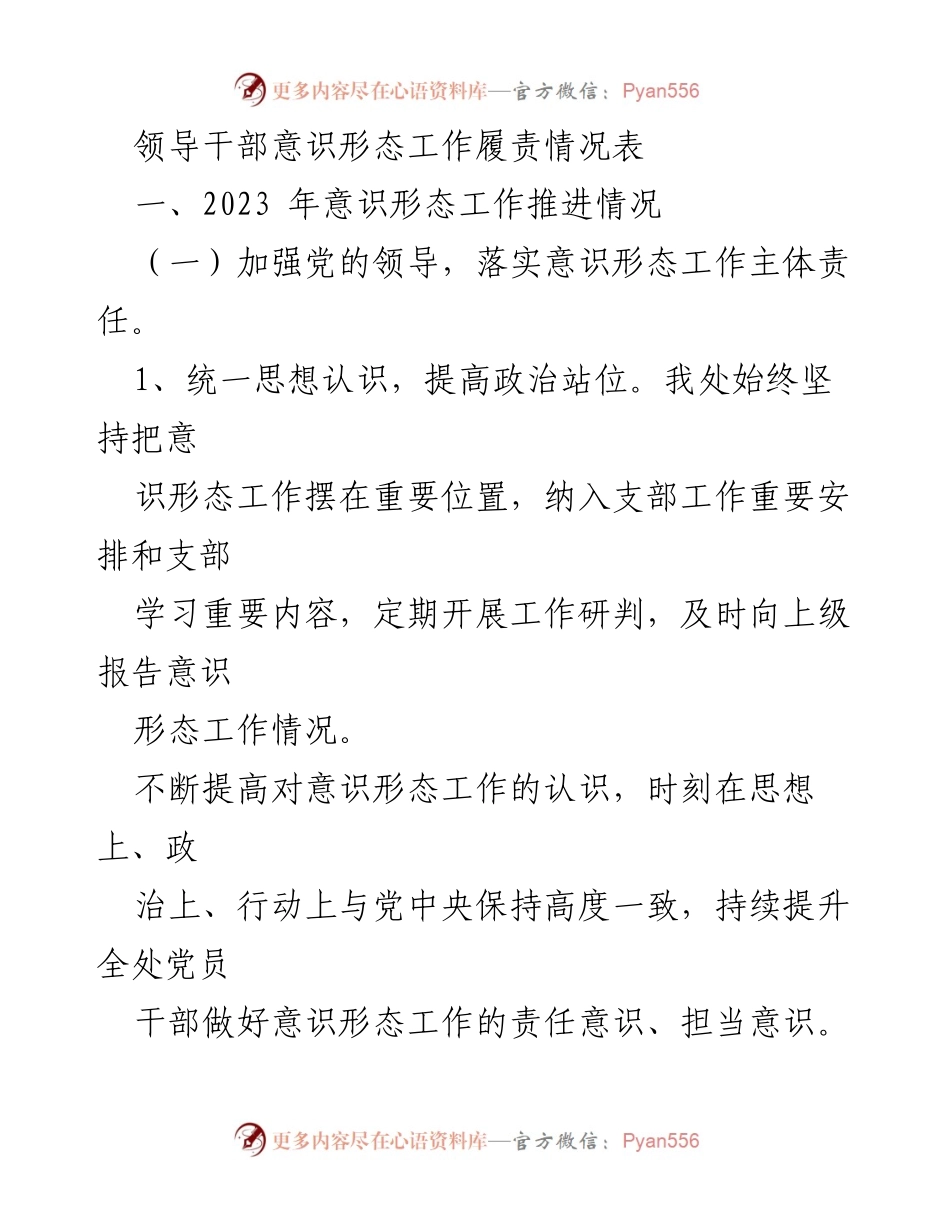 [工作总结] 领导干部意识形态工作 - 2023年意识形态工作履责情况总结.docx_第1页