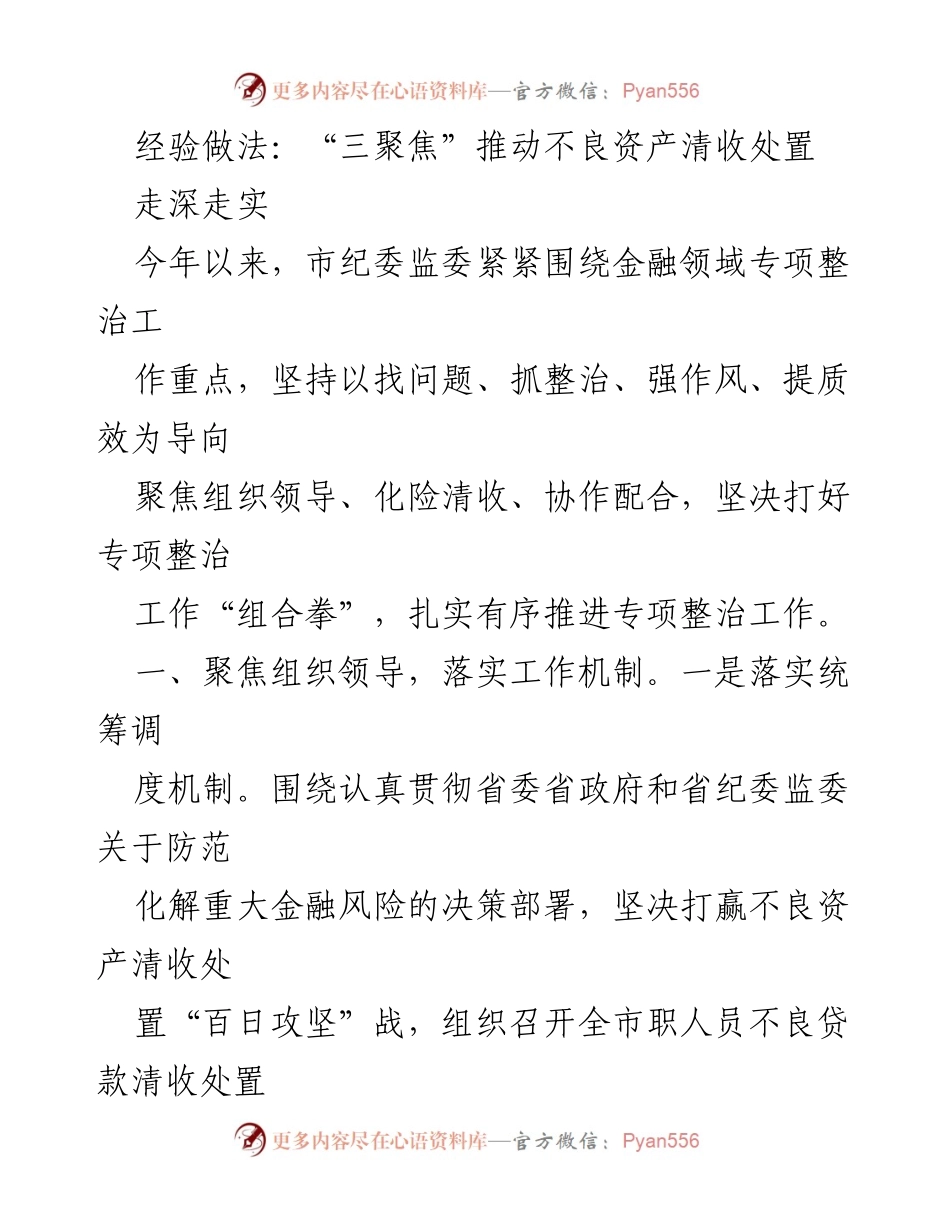 [工作总结] 金融领域专项整治 - “三聚焦”模式推动不良资产清收处置工作.docx_第1页