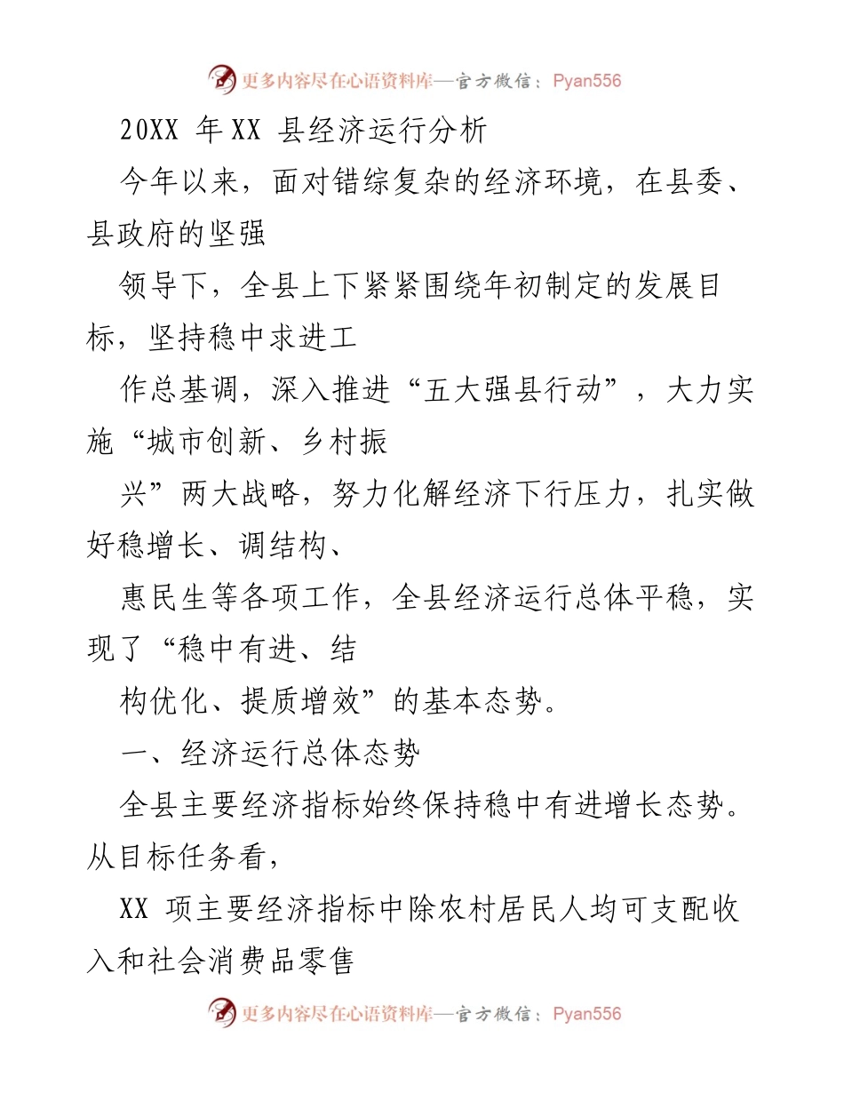 [工作总结] 经济运行分析 - XX县20XX年经济运行分析报告.docx_第1页