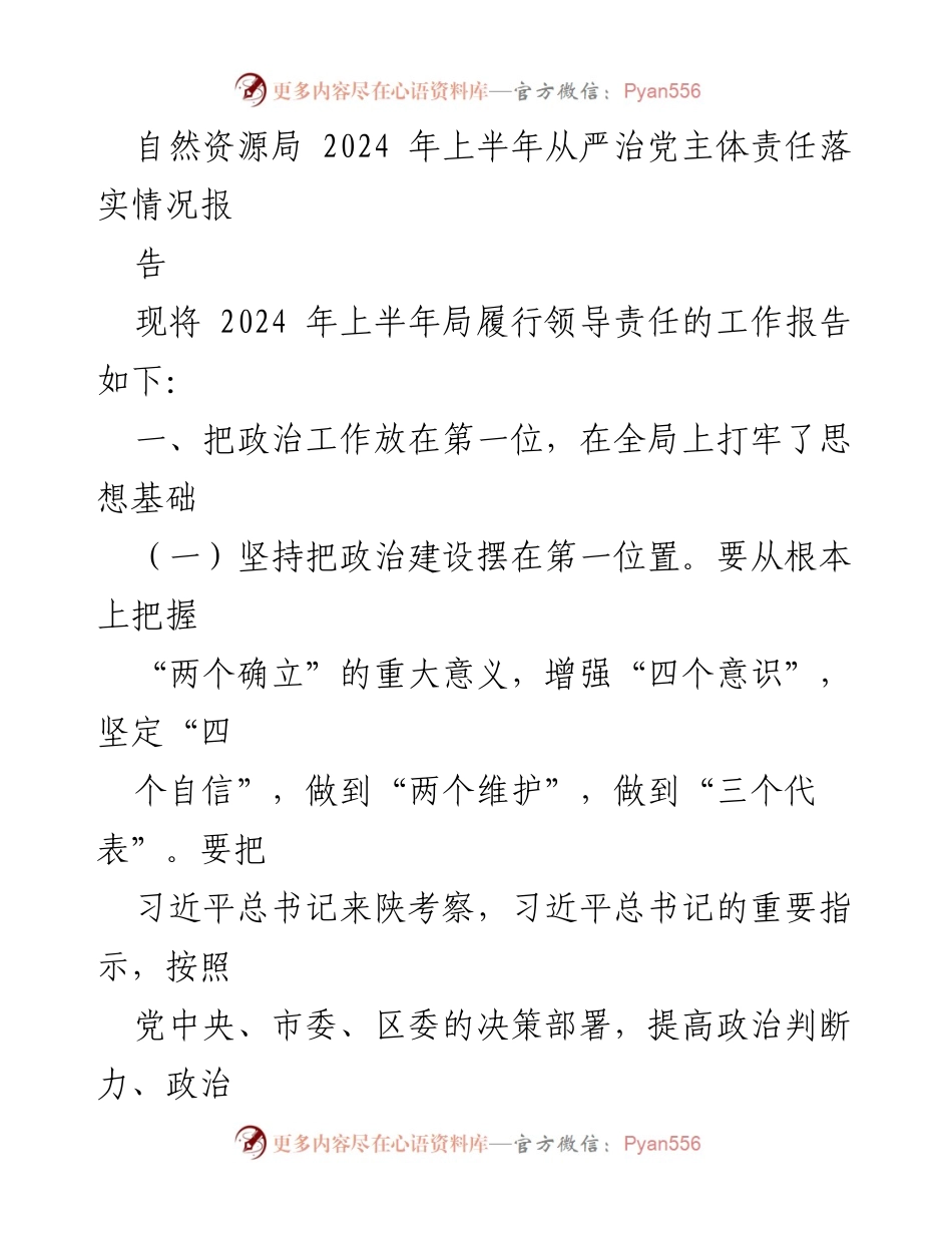 [工作总结] 自然资源局 - 2024年上半年从严治党主体责任落实情况报告.docx_第1页