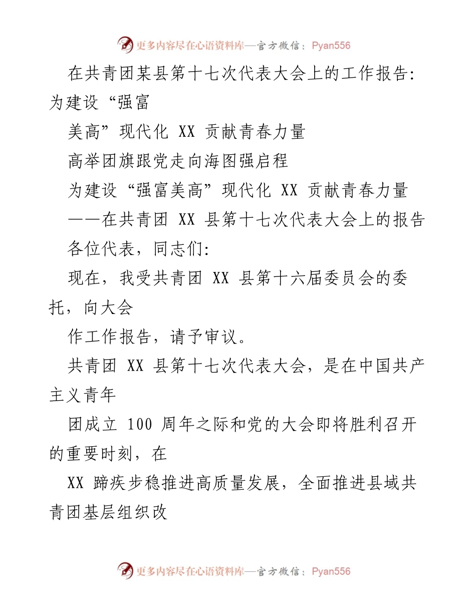 [工作报告] 共青团第十七次代表大会 - 为建设现代化XX贡献青春力量.docx_第1页