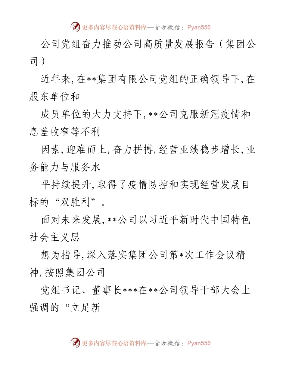 [工作总结] 集团公司 - 推动公司高质量发展的综合报告.docx_第1页