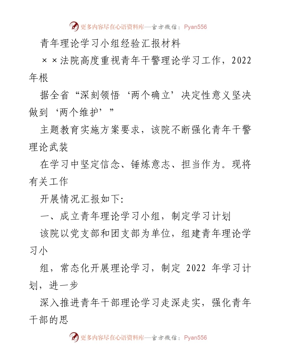 [工作总结] 青年理论学习活动 - ××法院青年理论学习小组工作总结报告.docx_第1页