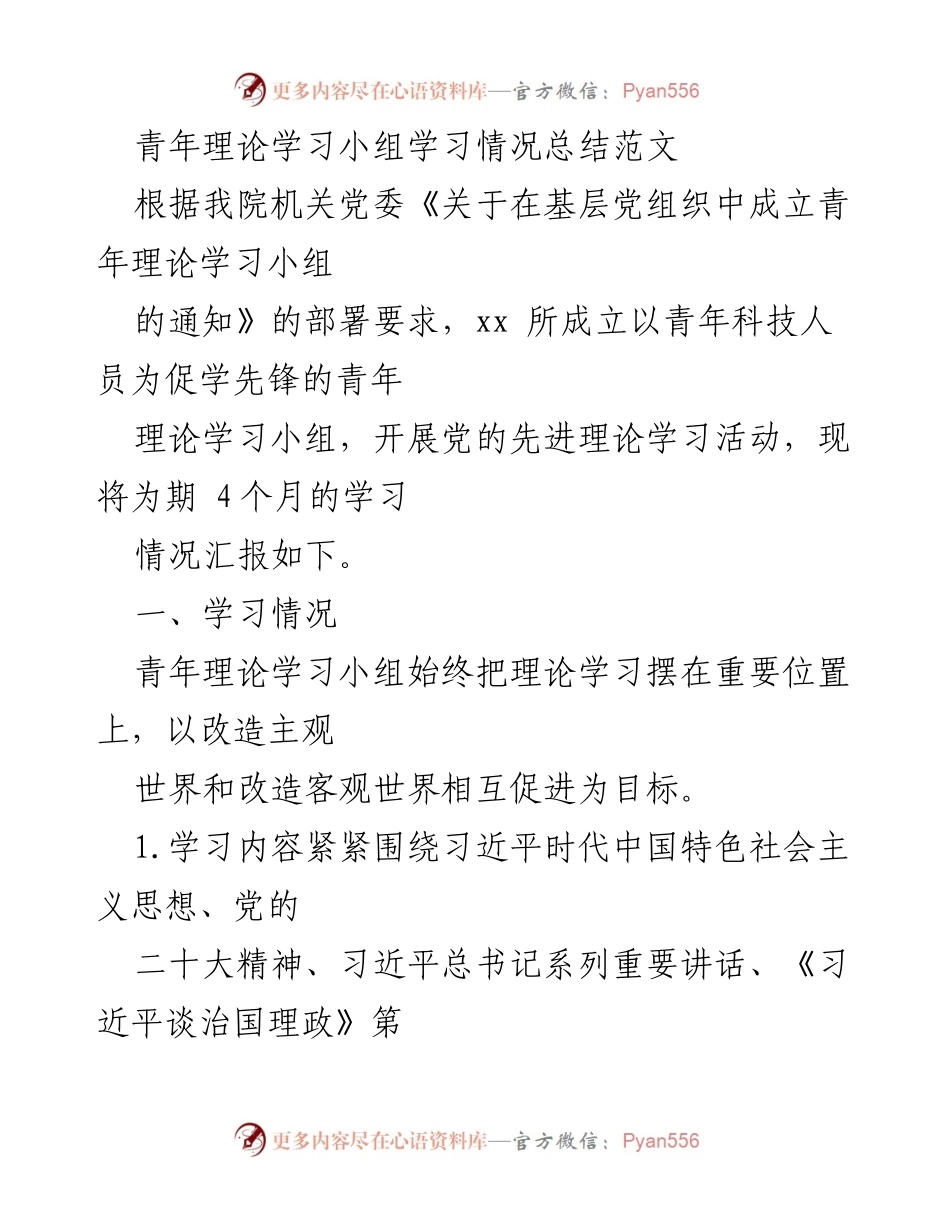 [工作总结] 青年理论学习小组 - 青年理论学习小组学习情况总结报告_1.docx_第1页