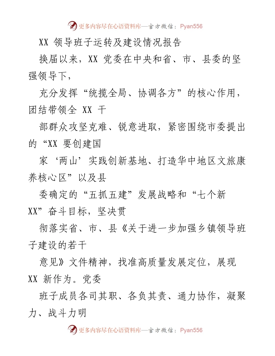 [工作总结] 领导班子建设 - XX 党委班子运转及建设情况报告.docx_第1页