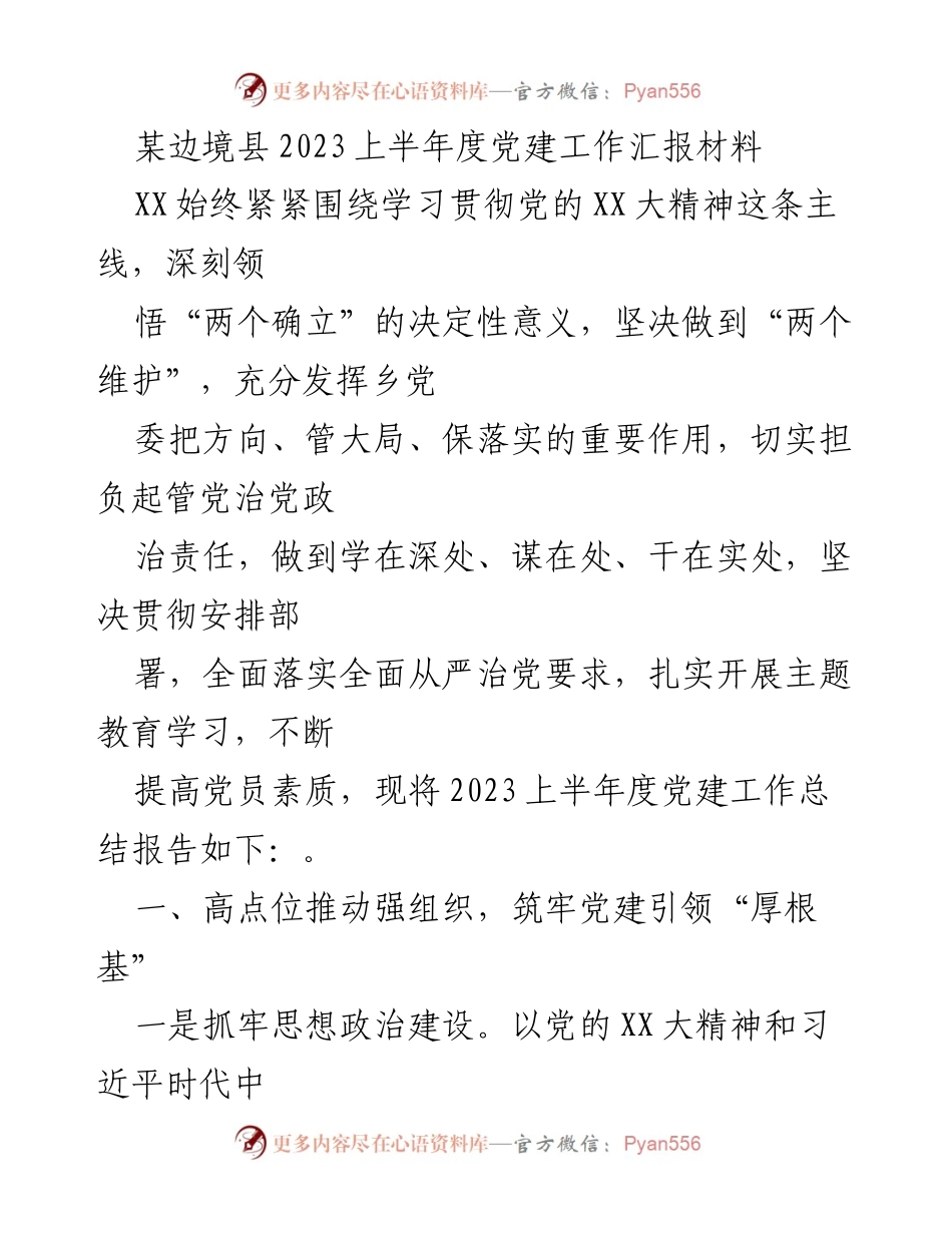 [工作总结] 边境县 - 2023上半年度党建工作汇报.docx_第1页