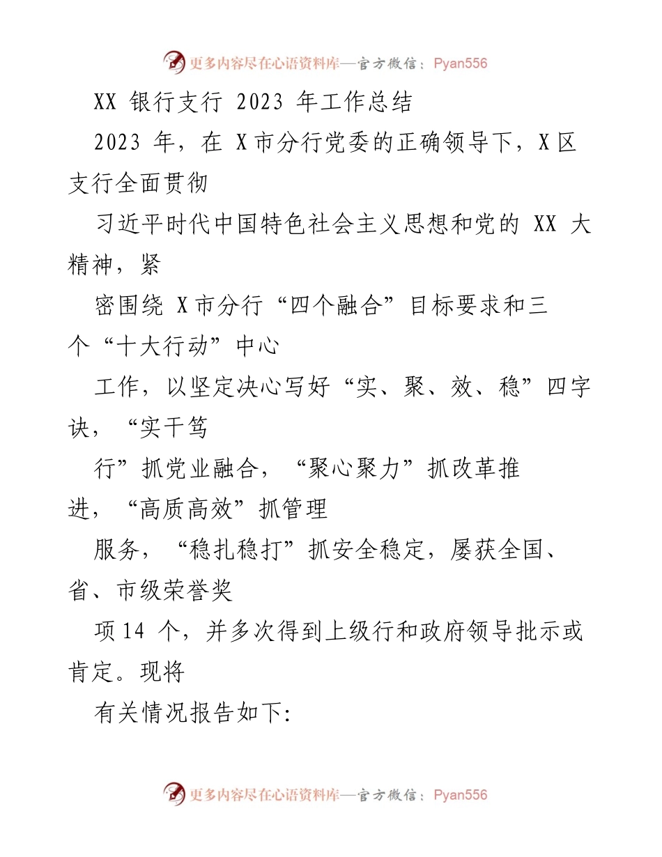 [工作总结] 银行支行 - 2023年X区支行工作总结报告.docx_第1页
