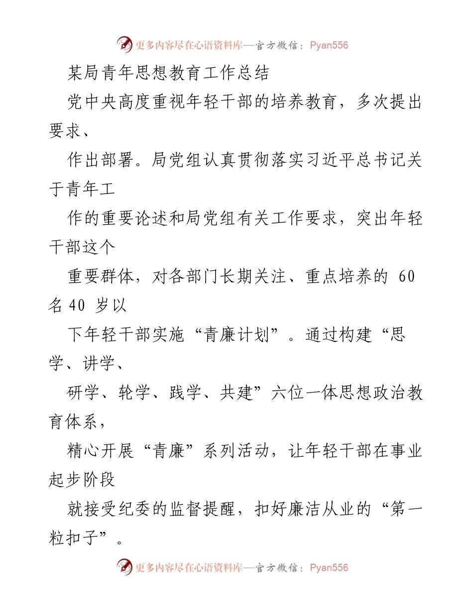 [工作总结] 青年思想教育 - 某局青年干部“青廉计划”实施工作总结.docx_第1页