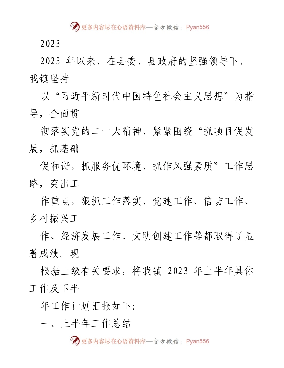 [工作总结] 镇政府 - 2023年上半年工作总结与下半年计划汇报.docx_第1页