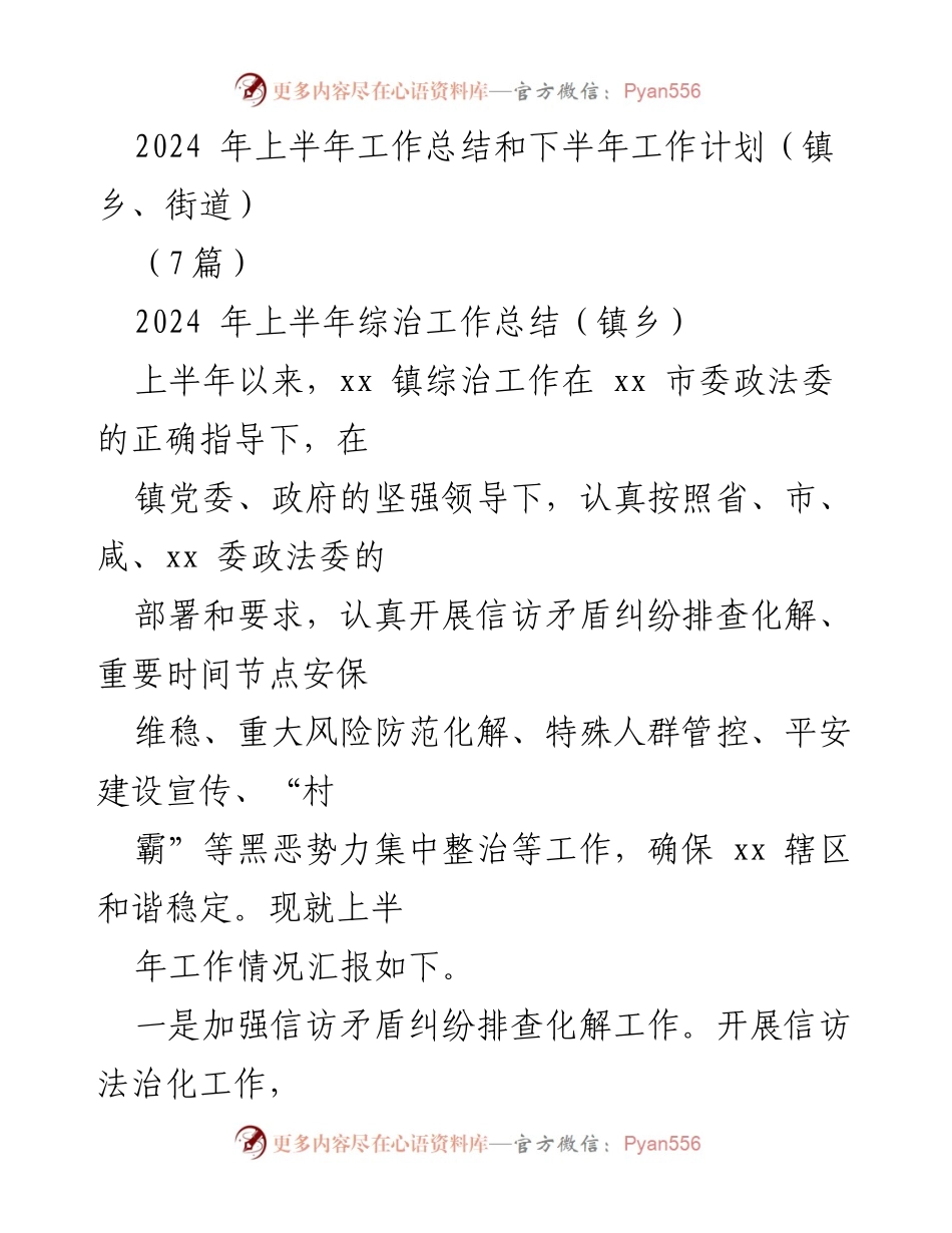 [工作总结] 镇乡综治工作 - 2024年上半年综治工作总结与下半年工作计划.docx_第1页