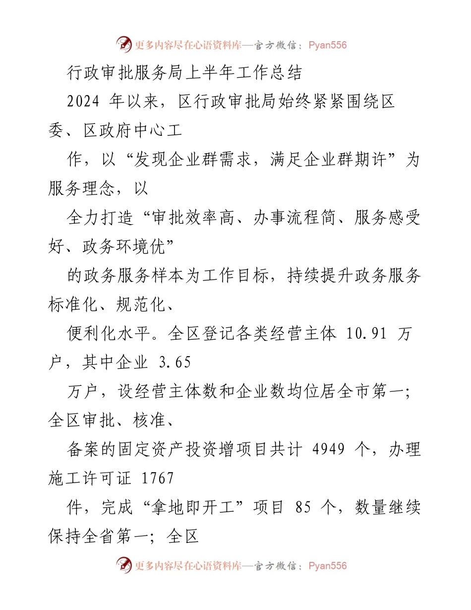[工作总结] 行政审批服务局 - 2024年上半年工作总结与政务服务提升成效.docx_第1页