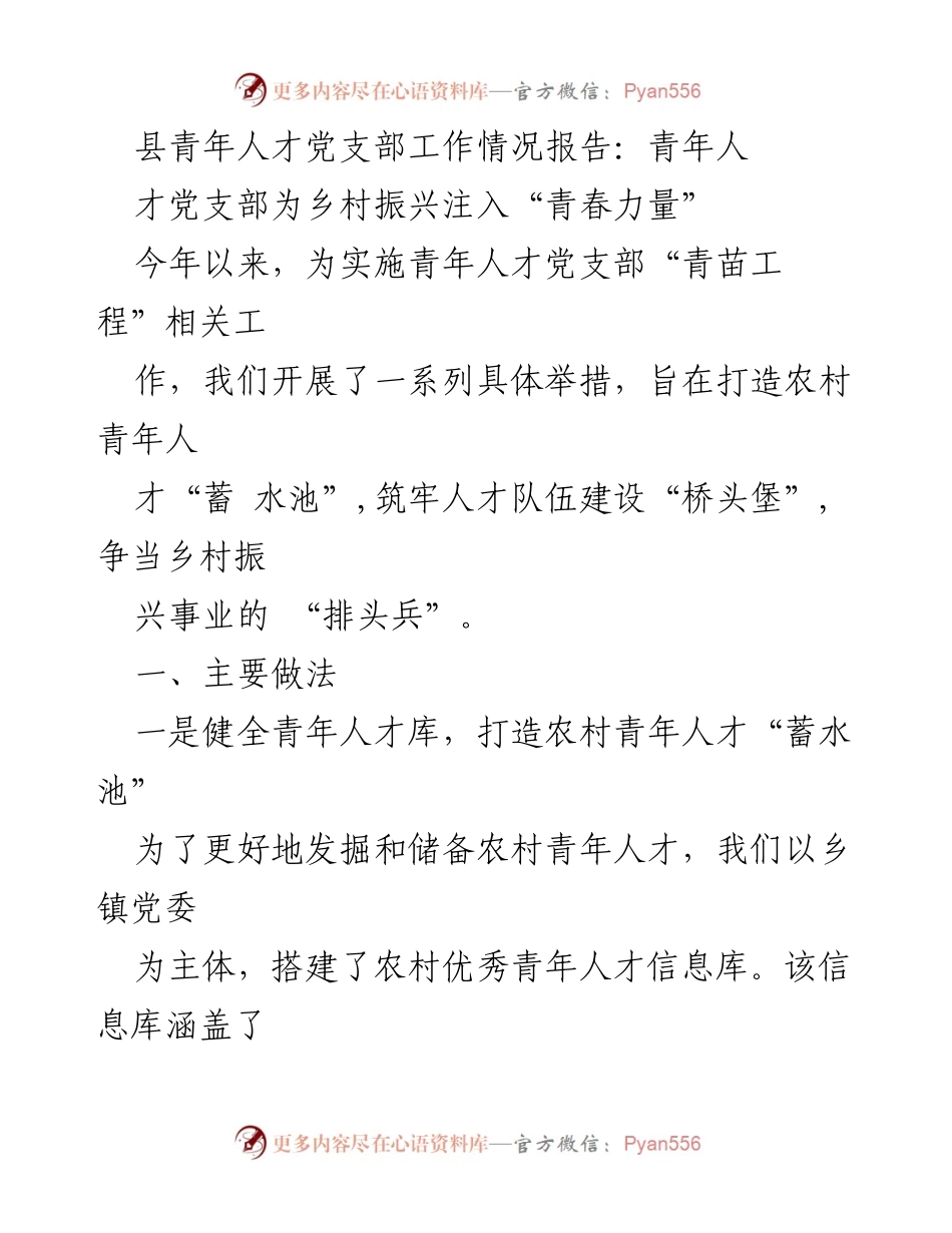 [工作总结] 青年人才党支部 - 加强青年人才党支部建设 助力乡村振兴.docx_第1页