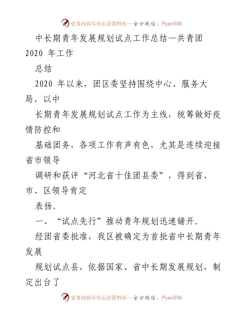 [工作总结] 青年发展规划 - 中长期青年发展规划试点工作总结报告.docx_第1页