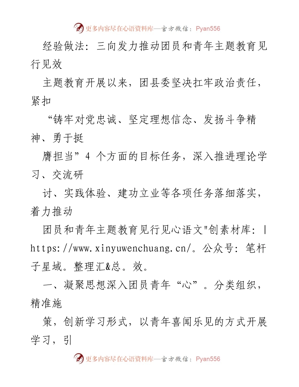 [工作总结] 青年主题教育 - 三向发力推动团员青年主题教育见行见效.docx_第1页
