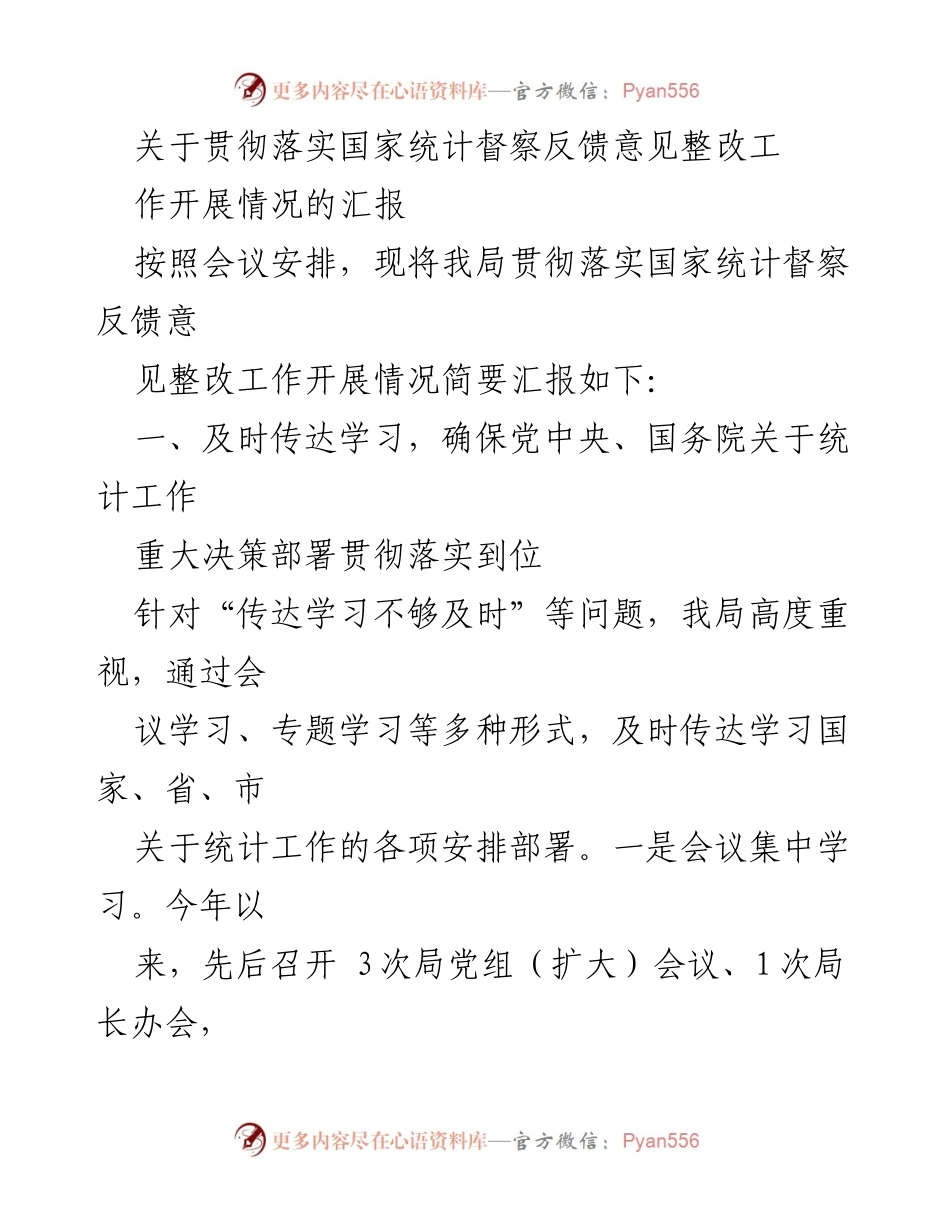 [工作总结] 统计工作整改 - 国家统计督察反馈意见整改工作开展情况汇报.docx_第1页