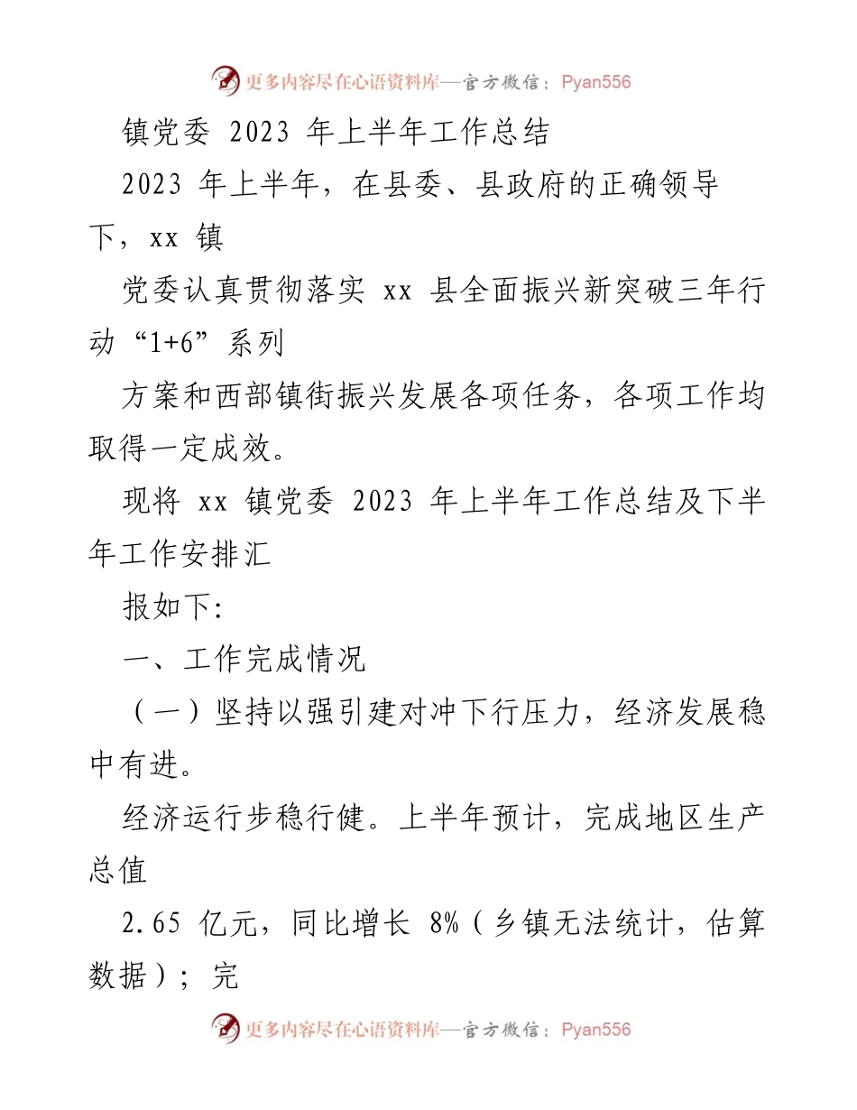 [工作总结] 镇党委 - 2023年上半年工作总结及下半年工作安排.docx_第1页