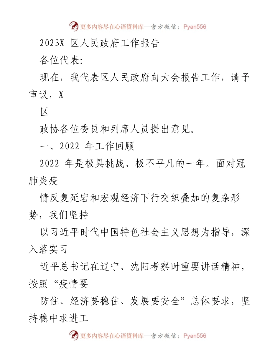 [工作报告] 政府会议 - 2023X区人民政府工作总结报告.docx_第1页