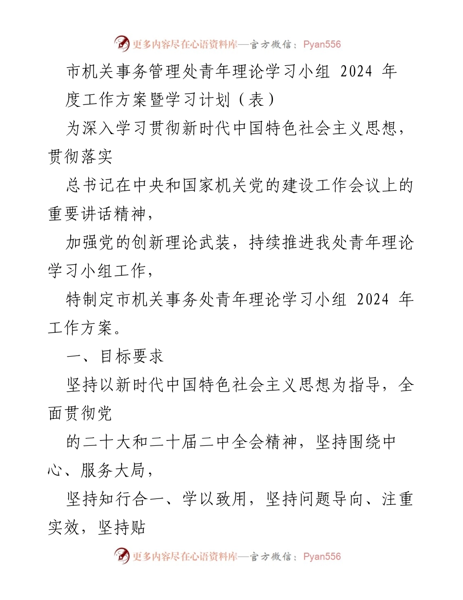 [工作方案] 青年理论学习小组 - 2024年度青年理论学习小组工作方案与学习计划.docx_第1页