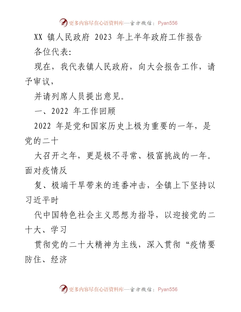[工作报告] 政府会议 - 2023年上半年XX镇政府工作总结报告.docx_第1页