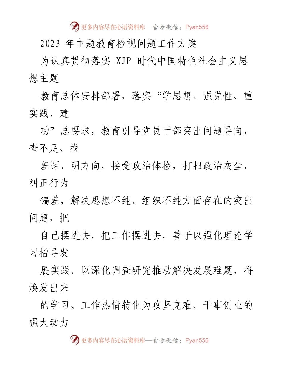 [工作方案] 主题教育 - 2023年主题教育检视问题工作方案_1.docx_第1页