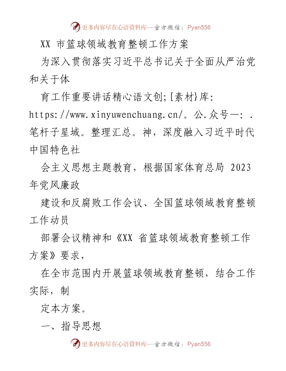 [工作方案] 教育整顿 - XX市篮球领域教育整顿工作方案.docx_第1页
