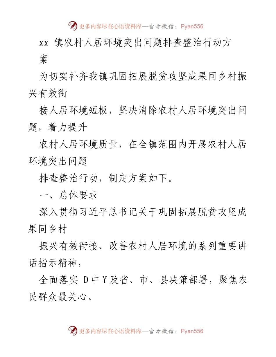 [工作方案] 农村人居环境整治 - xx镇农村人居环境突出问题排查整治行动方案.docx_第1页