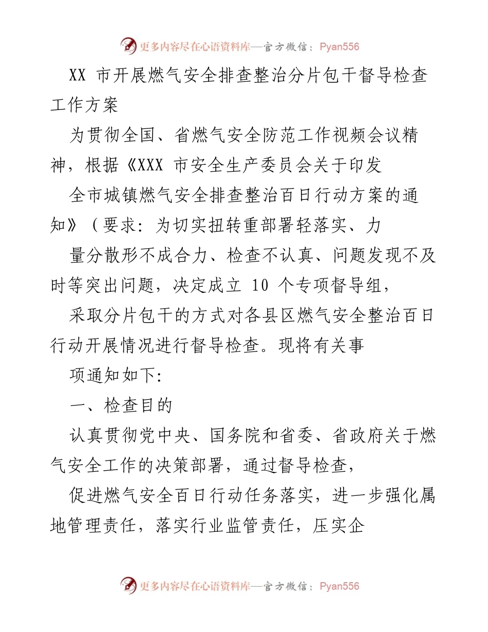 [工作方案] 燃气安全督导检查 - XX市燃气安全排查整治督导检查工作方案.docx_第1页