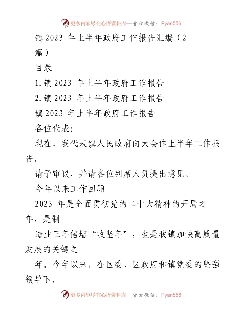 [工作报告] 镇政府会议 - 2023年上半年政府工作报告总结.docx_第1页