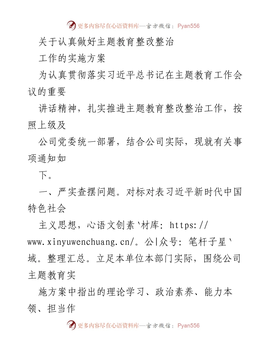 [工作方案] 主题教育整改整治 - 关于实施主题教育整改整治工作的方案.docx_第1页