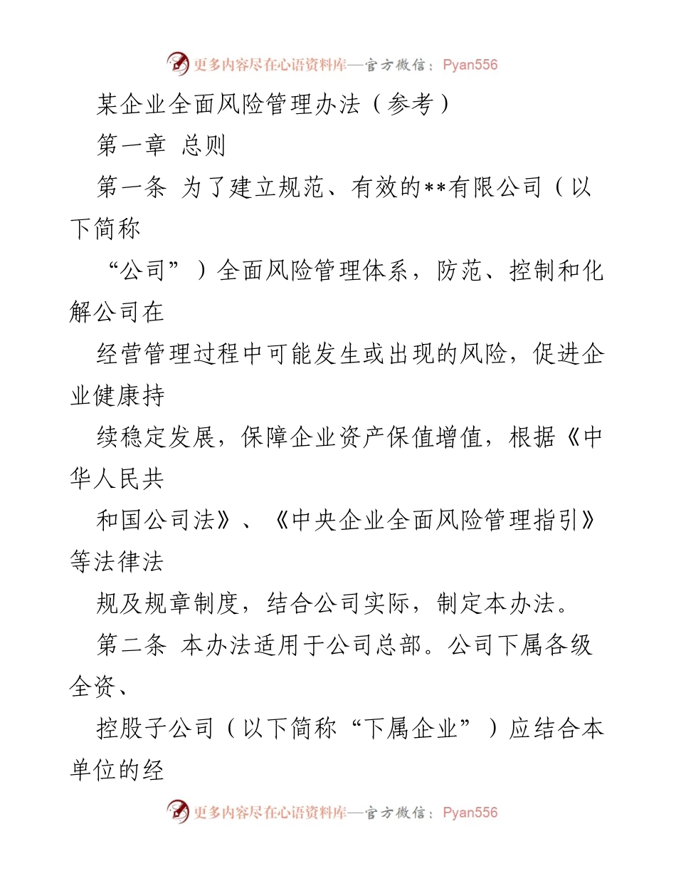 [工作文件] 企业管理 - 某企业全面风险管理办法（参考）.docx_第1页