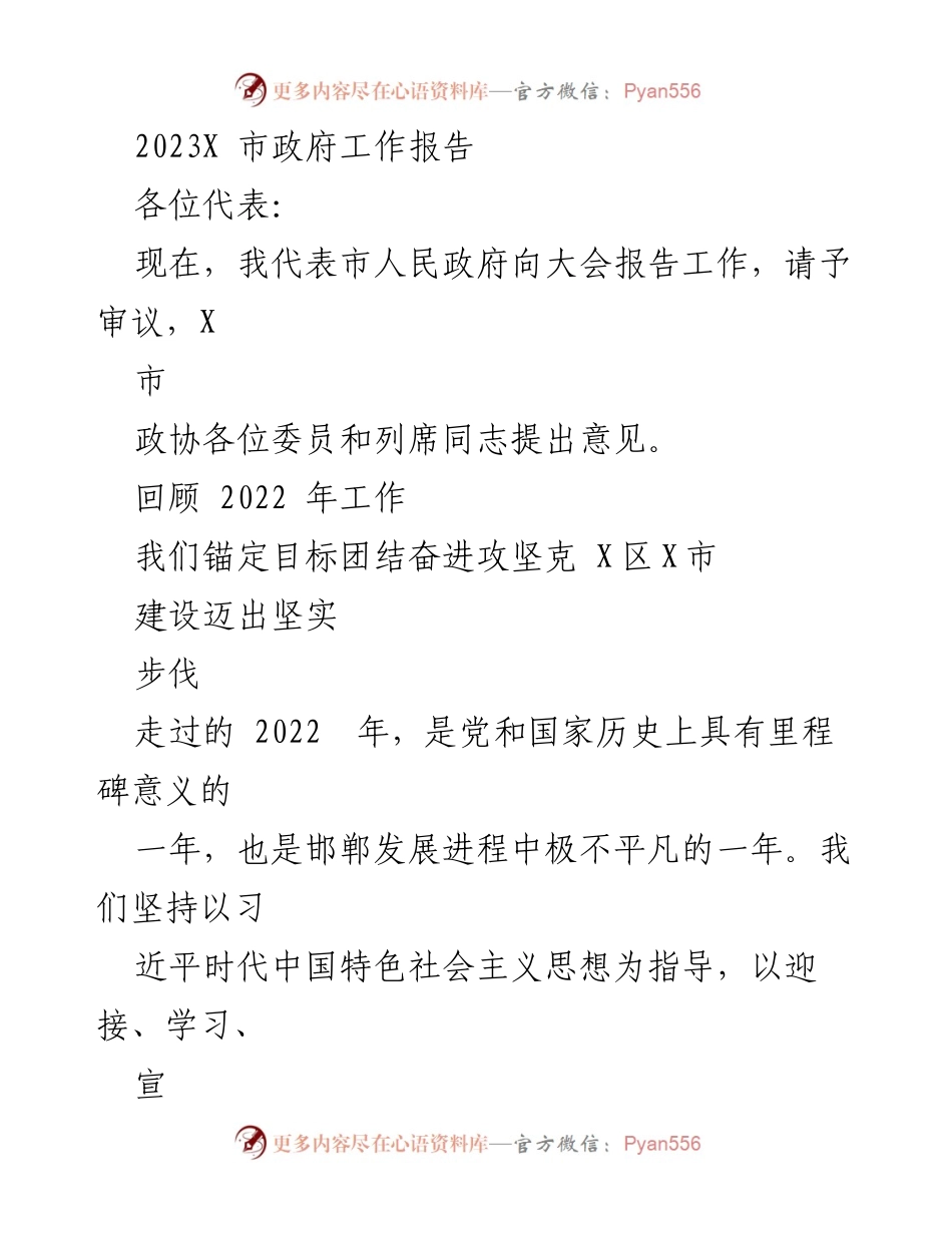 [工作报告] 市政府大会 - 2023年X市政府工作报告总结_1.docx_第1页