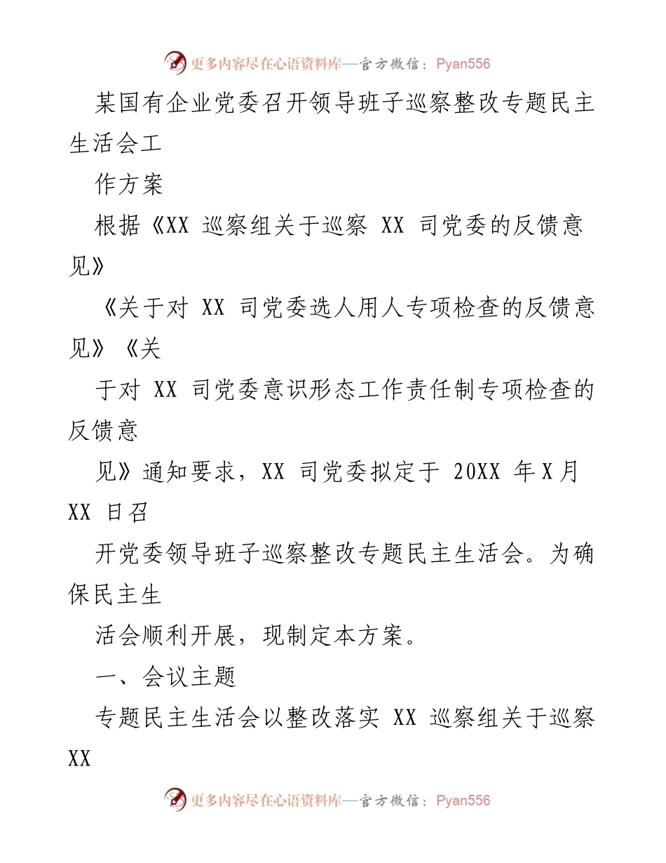 [工作方案] 党委会议 - 国有企业党委巡察整改专题民主生活会工作方案.docx_第1页