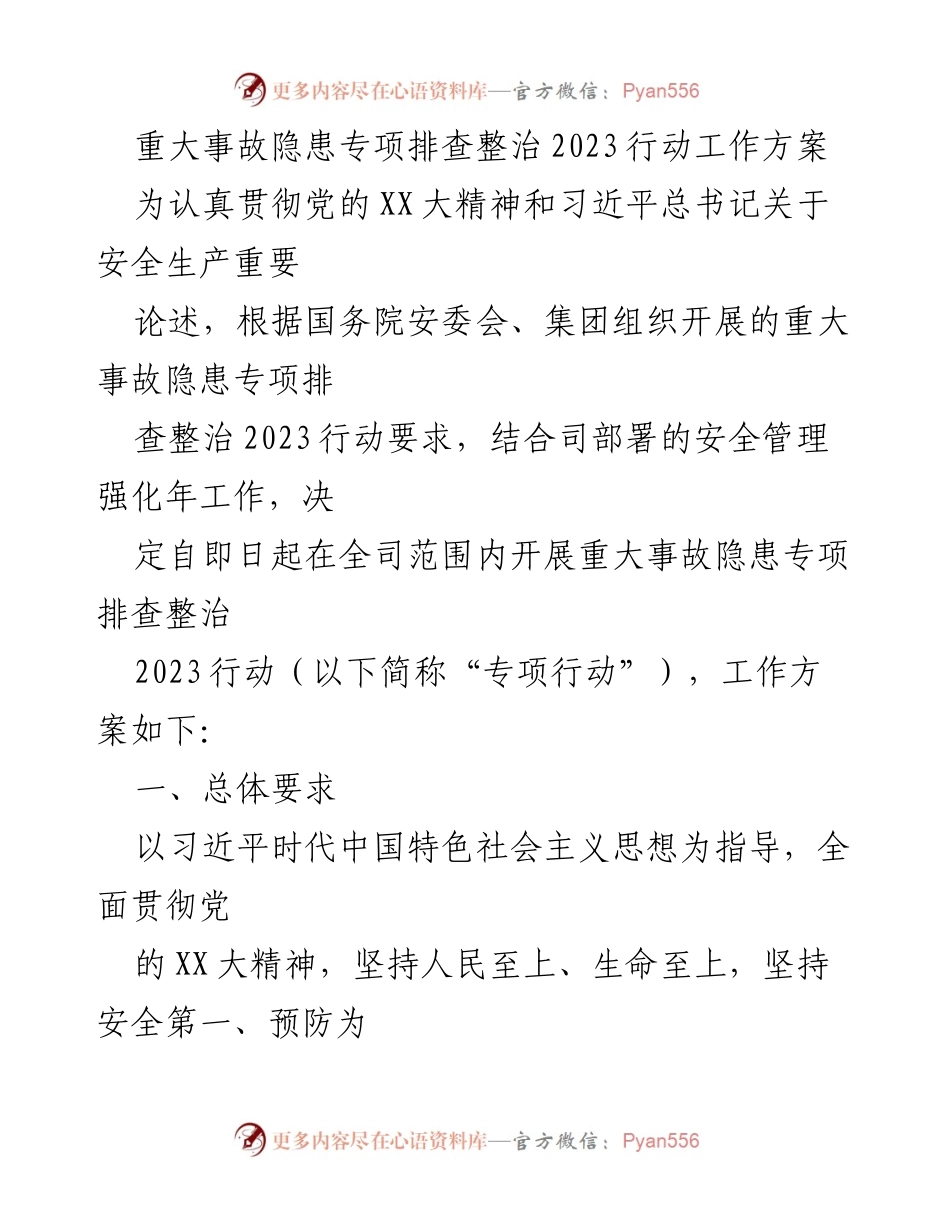 [工作方案] 安全生产 - 重大事故隐患专项排查整治2023行动实施方案.docx_第1页