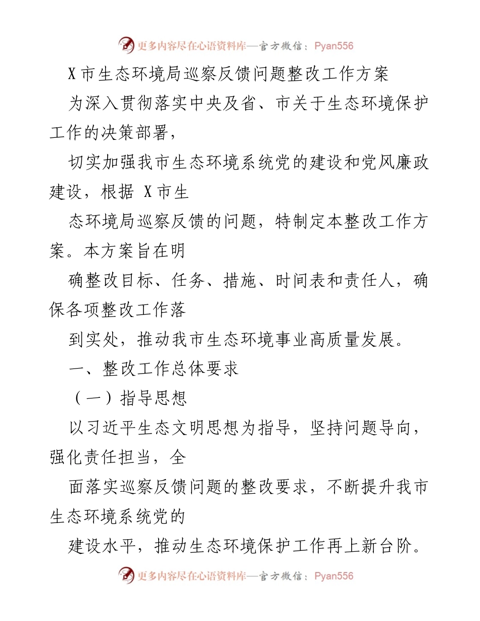 [工作方案] 生态环境局 - X市生态环境局巡察反馈问题整改工作方案.docx_第1页