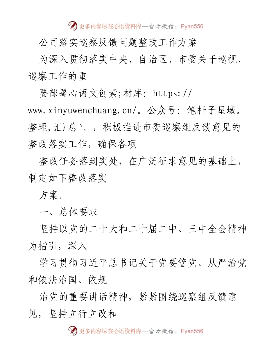 [工作方案] 巡察整改 - 公司巡察反馈问题整改落实工作方案.docx_第1页