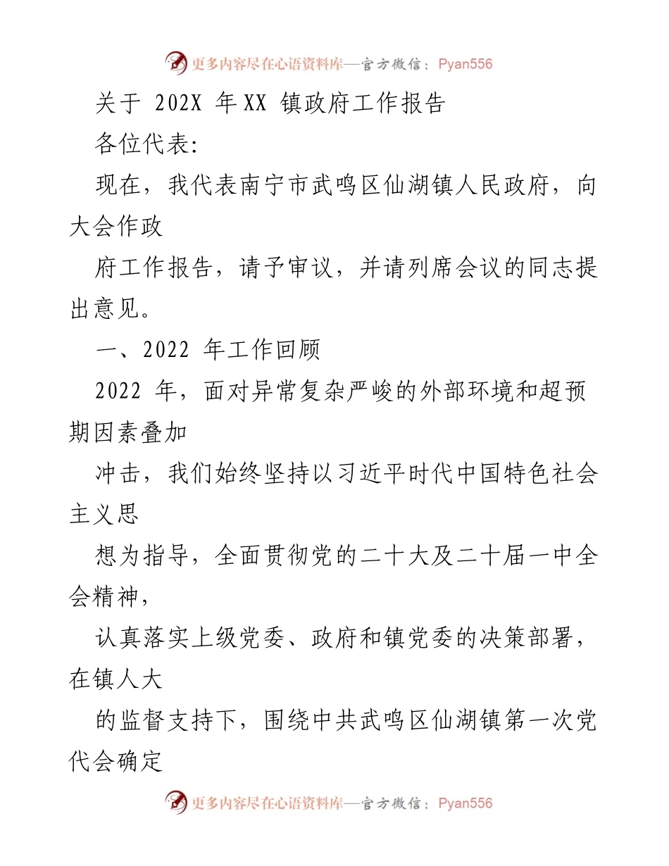 [工作报告] 镇政府会议 - 202X年仙湖镇政府工作报告.docx_第1页