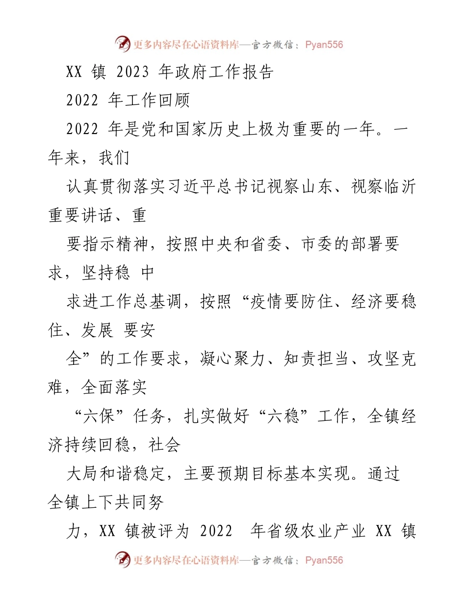 [工作报告] 政府工作会议 - 2023年XX镇政府工作报告总结.docx_第1页
