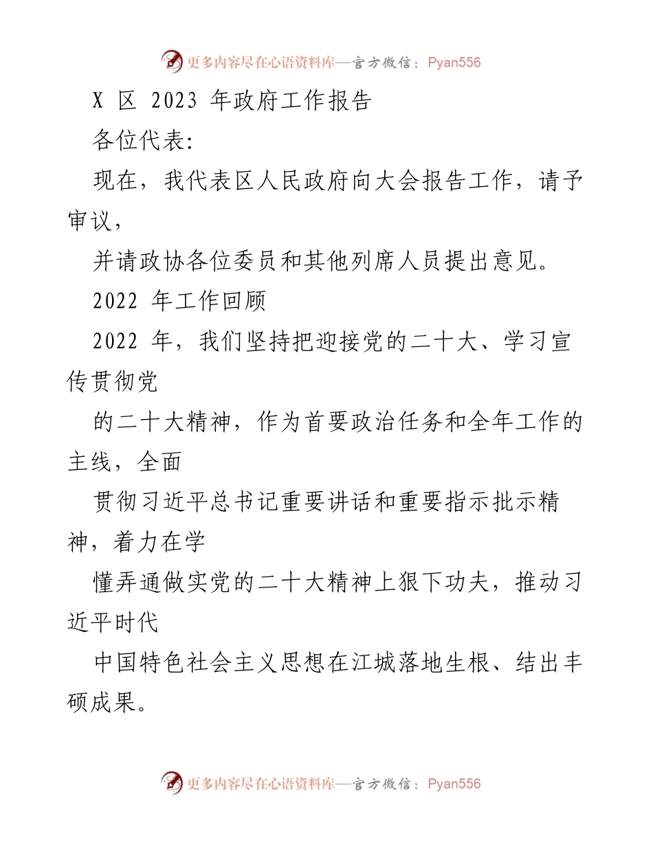 [工作报告] 政府大会 - X 区 2023 年政府工作报告总结.docx_第1页