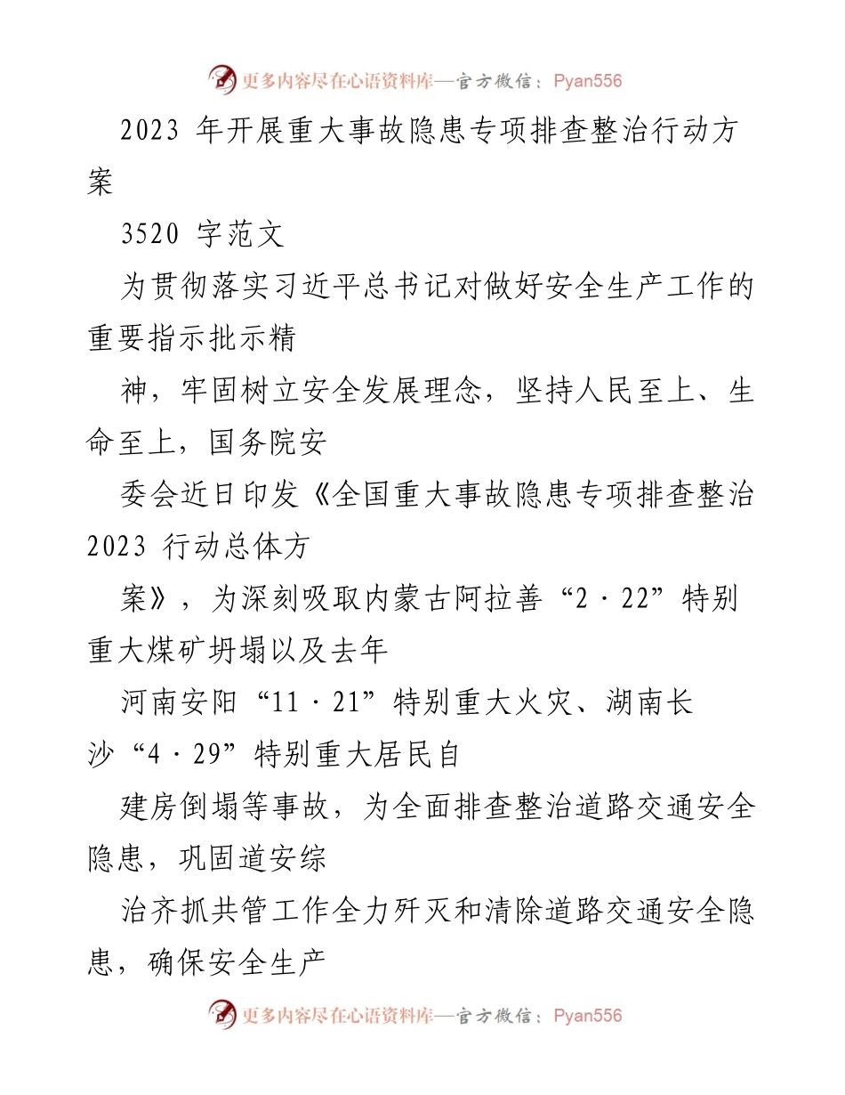 [工作方案] 安全生产 - 2023年重大事故隐患专项排查整治行动方案_1.docx_第1页