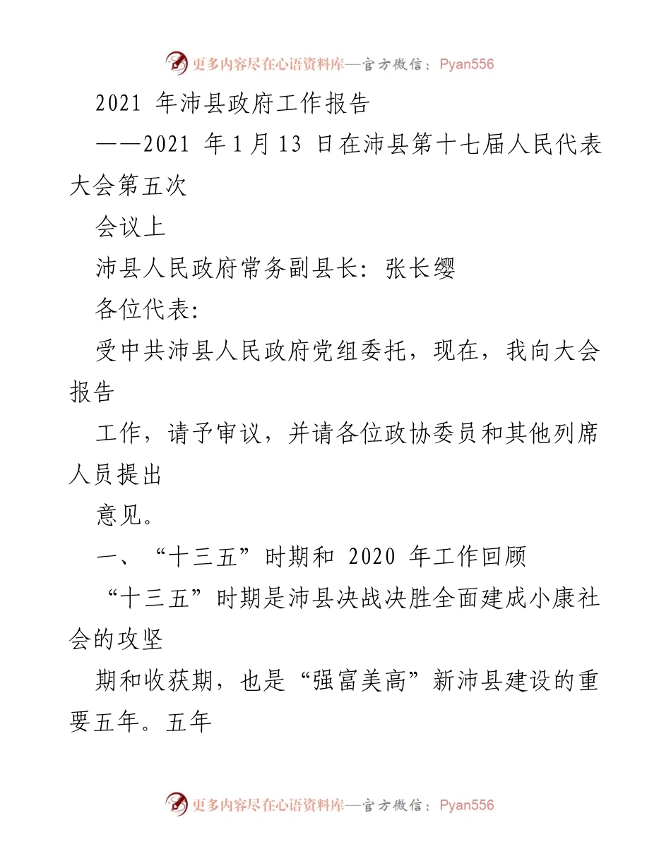 [工作报告] 政府会议 - 2021年沛县政府工作总结报告.docx_第1页
