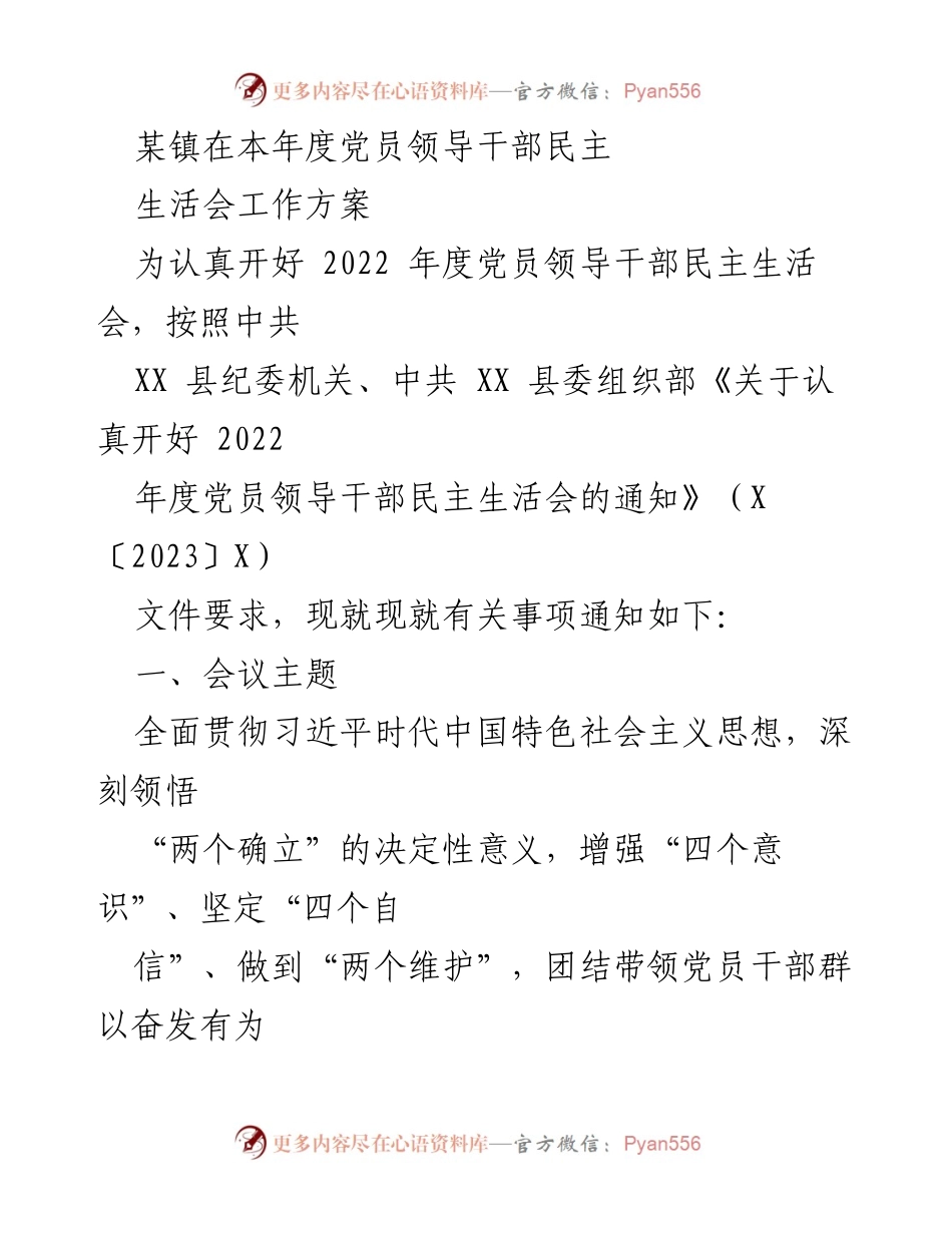 [工作方案] 党员领导干部民主生活会 - 2022年度党员领导干部民主生活会工作方案_7.docx_第1页